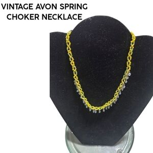 VINTAGE AVON SPRING CHOKER-STYLE NECKLACE WITH YELLOW, GREEN & BLUE BEADING